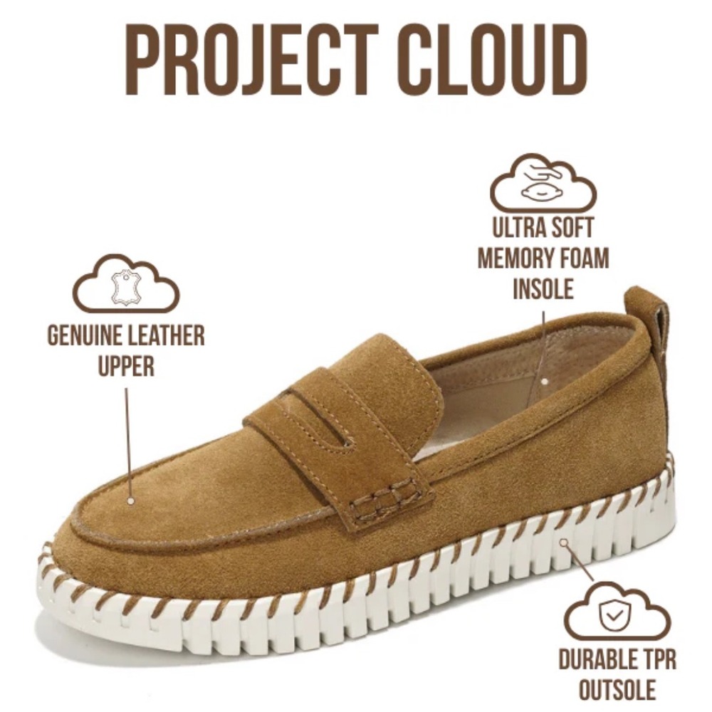 Project Cloud Filide.A Tan Suede Penny Loafers Womens 8.5 Memory Foam Platform‎